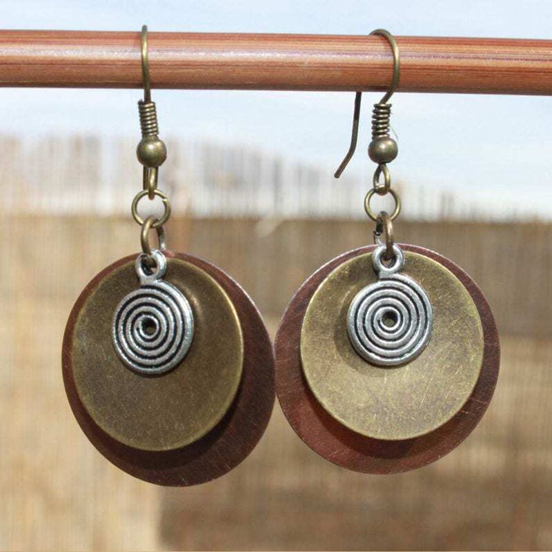 Female Multi-layer Round Ancient Metal Spiral Earrings Ethnic Accessories Whirl Circle Handmade Heavy Bronze Earrings
