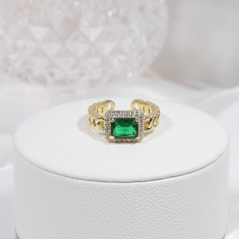 New design fashion jewelry exquisite copper inlaid square emerald zircon ring luxury women's prom party opening adjustable ring