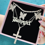 Maytrends Flatfoosie Trendy Butterfly Crystal Chain Necklace Choker for Women Multilayer Babygirl Letter Cross Pendant Necklaces Jewelry