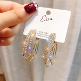 Korean Fashion Jewelry Exquisite Gold Plated Crystal Opal Stone Hoop Earrings for Women Geometric C-shaped Piercing Earrings