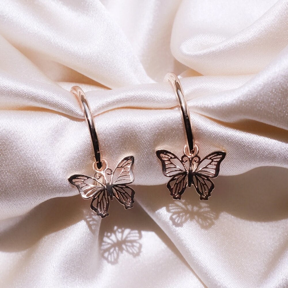 Delicate Rose Gold Color Butterfly Women Drop Earring Cute Bow Hoop Wedding Dancing Party Daily Wear New Trendy Jewelry