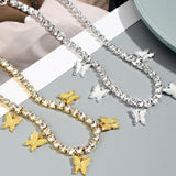Maytrends Trendy Cute Iced Out Butterfly Choker Necklaces For Women Men Gold Silver Color Tennis Chain Animals Pendant Rhinestone Jewelry