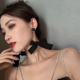 Maytrends New Korean sweet Black bowknot Hyperbole Women Earrings senior long joker atmospher fashion Drop Earrings Jewelry