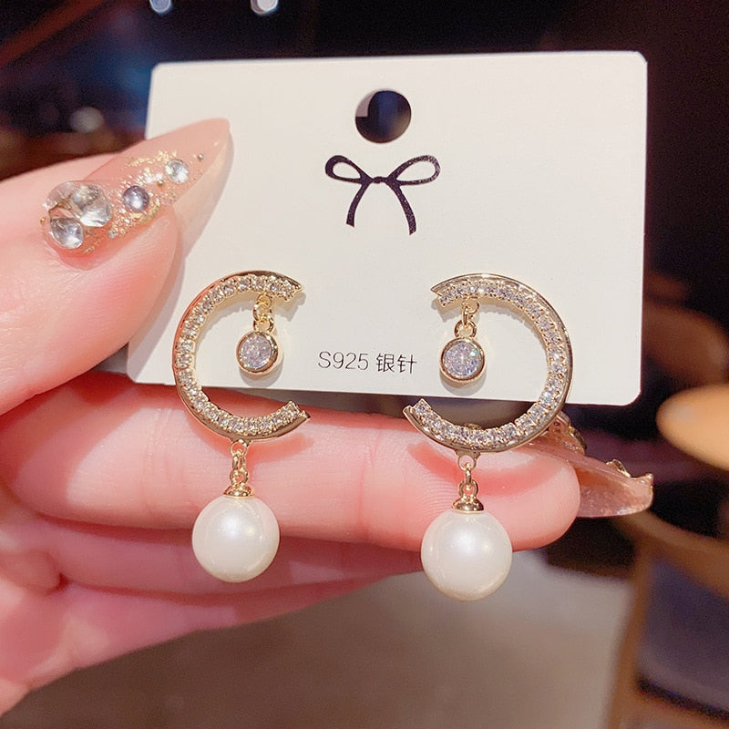 New Fashion Exaggerated Rhinestone Earrings For Women Oversizes Pearl Temperament Earrings Personality Long Style Eardrop
