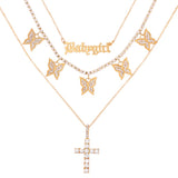 Maytrends Boho Multilayer Butterfly Crystal Chain Necklaces For Women Trendy Heart Cross Snake Chain Pendant Necklace Jewelry