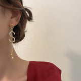 Luxury earring S Letter tassel Earrings Imitation Pearl Crystal Alphabet Brand Ear Studs Bar Long Thread Earring for Women