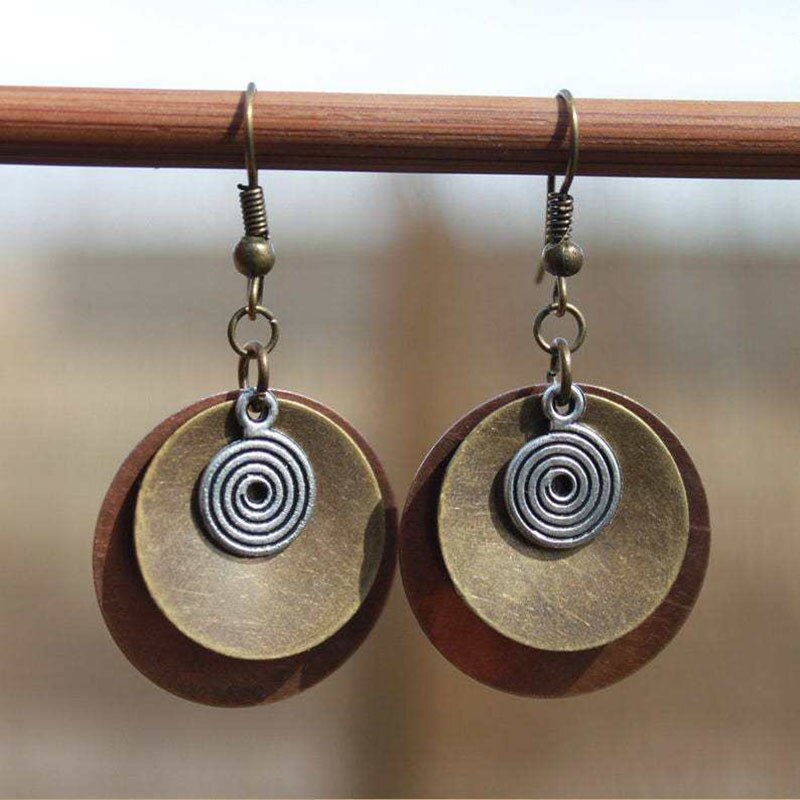 Female Multi-layer Round Ancient Metal Spiral Earrings Ethnic Accessories Whirl Circle Handmade Heavy Bronze Earrings