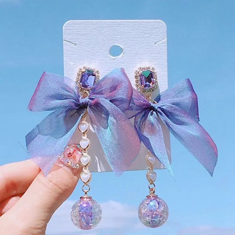 New Korean Sweet Purple Crystal Yarn Bowknot Heart Long Drop Earrings For Women Fashion Holiday Party Jewelry