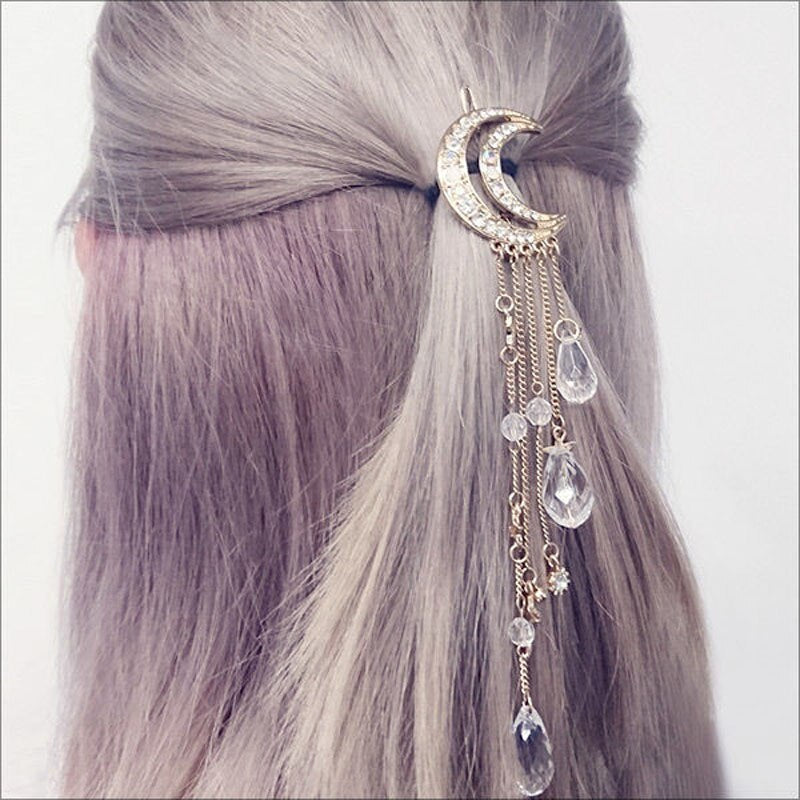 Maytrends New Charming Crystal Moon Hair Clip Tassels Long Hair Accessories Femme Bijoux