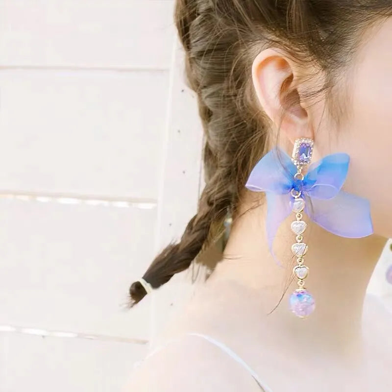 New Korean Sweet Purple Crystal Yarn Bowknot Heart Long Drop Earrings For Women Fashion Holiday Party Jewelry
