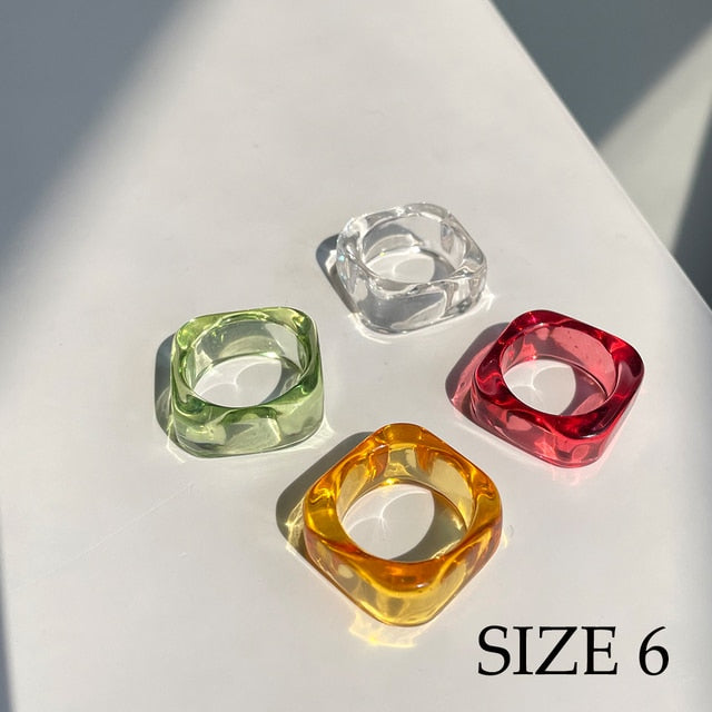 Maytrends Summer New Transparent Colorful Geometry Hexagon Rectangle Oval Rings Set Simplefor Women Girls Travel Jewelry