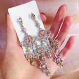 New Vintage Luxury Red Heart Crystal Dangle Earrings For Women Elegant Rhinestone Tassel Party Jewelry