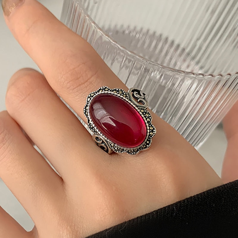 Maytrends Silver Color Red Zircon Ring for Women Trendy Elegant Hollow Geometric Vintage Handmade Luxury Ring Party Jewelry