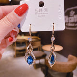 Trendy Korean Long Earrings For Women Blue Crystal Geometry Elegant Female Dangle Drop Earrings Fashion Jewelry Accessories