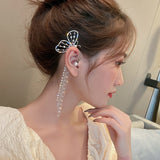 Fashion Crystal Butterfly Clip On Earring Pearl Bead Ear Cuff Long Tassels Charm Hollow Earrings For Women Clip Jewelry Gifts