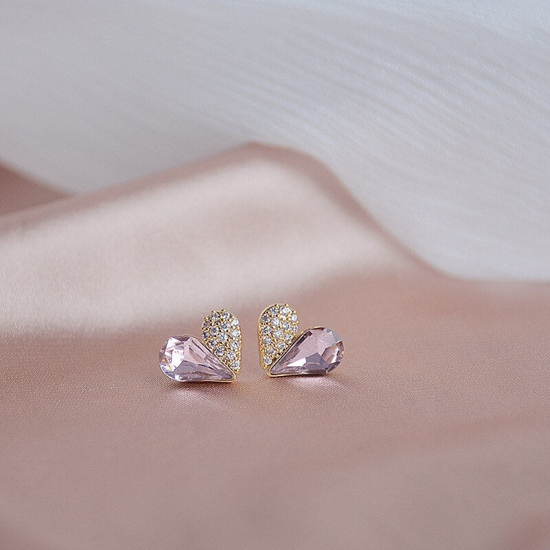 New design fashion jewelry exquisite copper inlaid zircon pink crystal love earrings sweet small student women's daily earrings