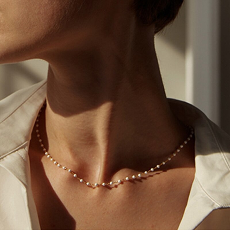 Simple Pearl Bead Chain Choker Necklace Crystal Leaf Tassel Necklace For Women Fashion Sex Jewelry Prom Accessories