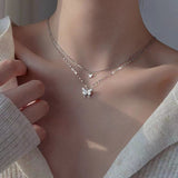 New Korean Silver Plated Shiny Butterfly Necklace Ladies Exquisite Double Layer Clavicle Chain Necklace Jewelry Gift