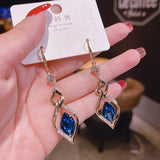 Trendy Korean Long Earrings For Women Blue Crystal Geometry Elegant Female Dangle Drop Earrings Fashion Jewelry Accessories