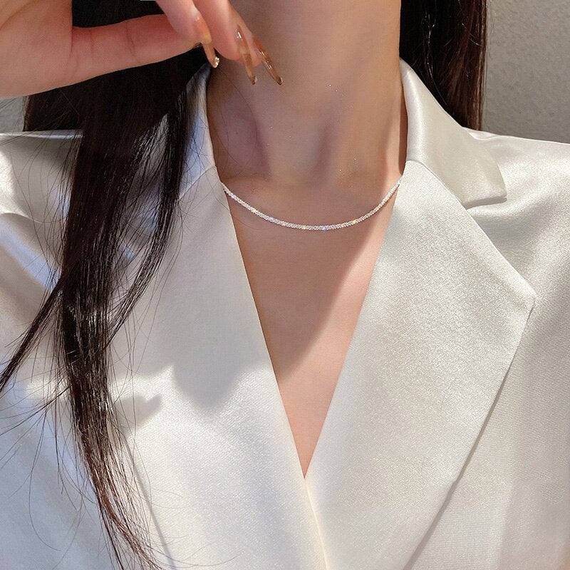 Vintage Multi-layer Sparkling Chain Choker Necklace For Women  Silver Color Necklace  Fashion Thin Chain Pendant Jewelry Gift