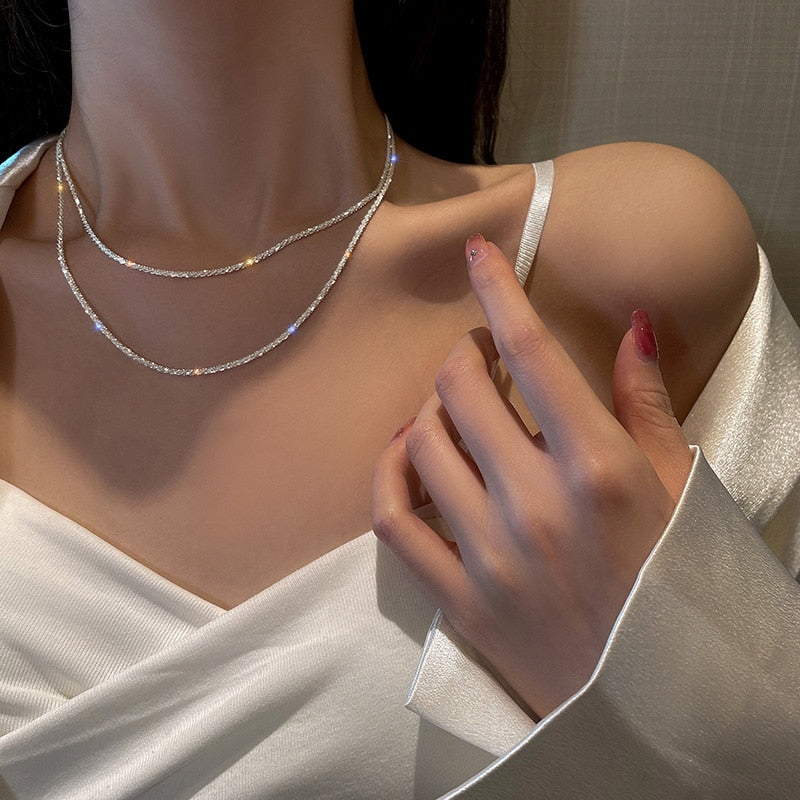Vintage Multi-layer Sparkling Chain Choker Necklace For Women  Silver Color Necklace  Fashion Thin Chain Pendant Jewelry Gift