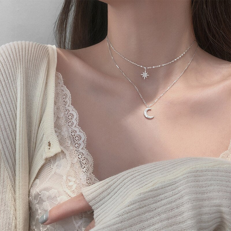 New Simple Stars Double Layer Choker Shiny Zircon Moon Pendants Necklaces For Women Gift Fine Jewelry