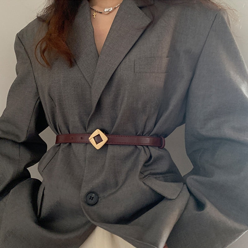 Maytrends Fashion Leather Thin Belt For Women Metal Rhombus Buckle Waist Strap Designer Female Trouser Dress Coat Decoration Waistband