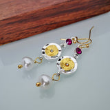 Fashion Gold Disc Imitation Pearl Long Earrings Ladies Korean Style Red Rhinestone Drop Dangle Earring for Women