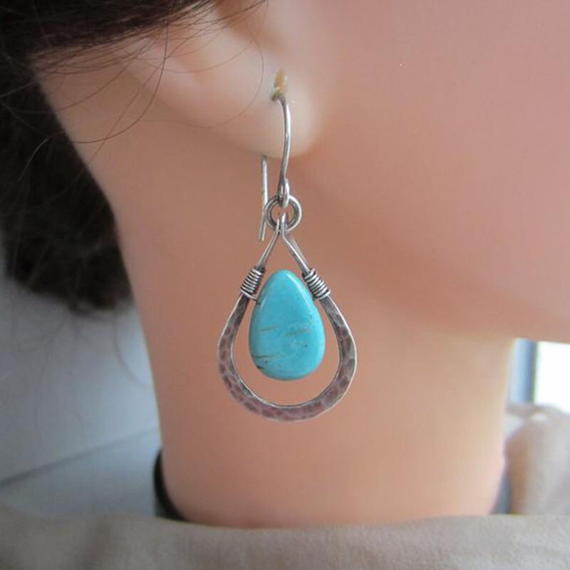 Vintage Earrings Big Water Drop s Natural Stone Ear Hook Antique Silver Color Dangle Earrings Women Bohemia Jewelry