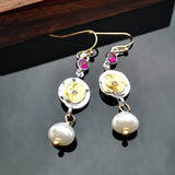 Fashion Gold Disc Imitation Pearl Long Earrings Ladies Korean Style Red Rhinestone Drop Dangle Earring for Women