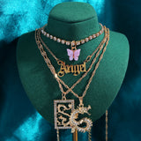 Maytrends New Multi Layer Butterfly Dragon Charms Crystal Necklaces For Women Punk Golden Angel Letter Clavicle Chain Hiphop Gifts Jewelry