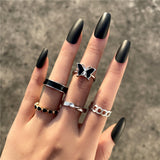 Maytrends Punk Gothic Butterfly Snake Chain Ring Set for Women Black Dice Vintage Silver Plated Retro Rhinestone Charm  Finger Jewelry