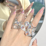 Maytrends Exaggerated Silver Colour Vintage Round Opal Ring Simple Fashion Rings for Women Girl Fashion Fine Wedding Jewelry