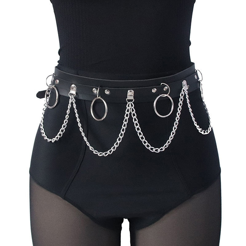 Maytrends Sexy Women Gothic Hiphop Belt With Chain Harajuku Punk Style Jk Waist Adjustable Disco Dancing Pu Dress Jeans Waist Chain