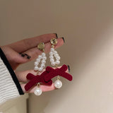 Maytrends New Year Red Earrings Collection Pearl Bowknot Vintage Autumn Winter Dangle Earrings for Women Fashion Jewelry Gift