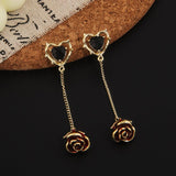 Korean Romantic Diamond Heart Rose Tassel Earrings Black Red Charm Jewelry Birthday Party Anniversary Accessories