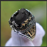 Maytrends Retro Handmade Turkish Signet Rings for Men Ancient Silver Color Carved Ring Mystic Zircon Inlay New Punk Motor Biker Ring