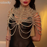 Maytrends Sexy Pearl Body Chain For Women Necklaces Shawl Female Punk Style Beaded Collar Shoulder Sweater  Long Chain Bridal Body Jewelry