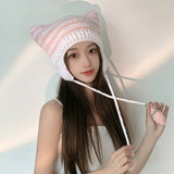 Maytrends Japanese Cute Devil's Ears Beanies Women Autumn Winter Lolita Crochet Hat Y2k Striped Warm Knitted Hat Strawberry Pompom Hats