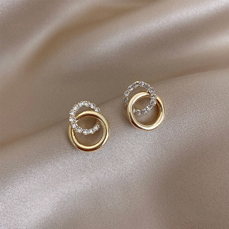 Korean Simple Double Circle Gold Color Metal crystal Stud Earrings For Women Fashion Exquisite Jewelry Best Friend Gifts