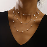 Maytrends Simple Geometric Thin Imitation Pearl Layered Chain Necklace Multilayer Clavicle Chain Necklace For Women Vintage Jewelry