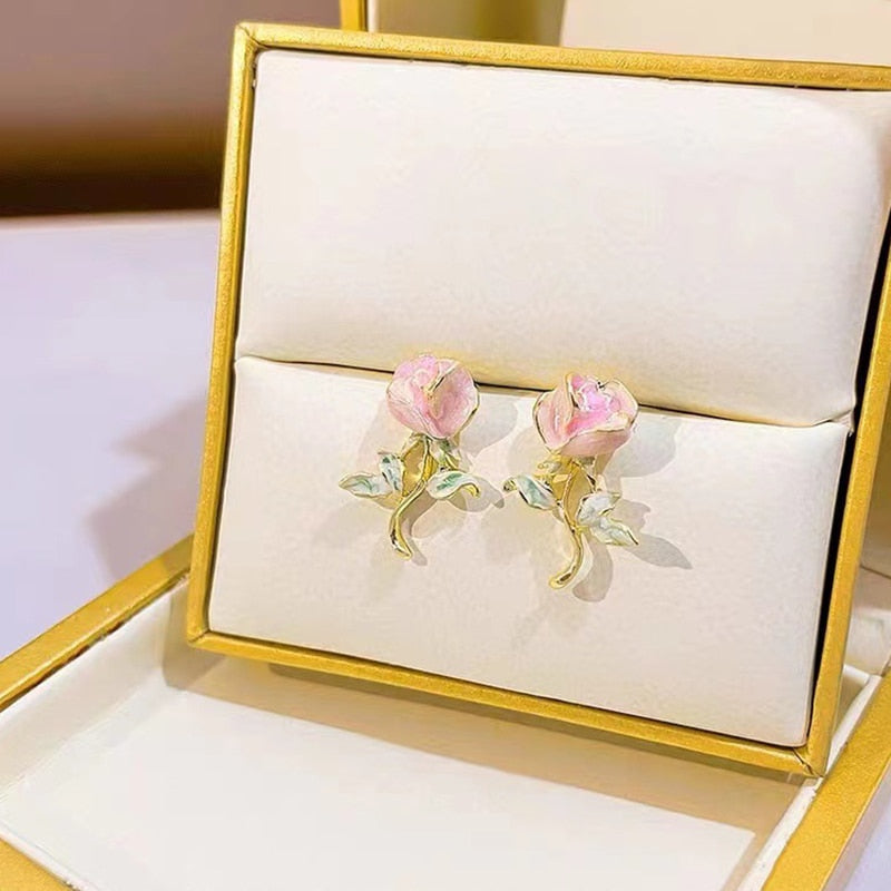 New Sweet Pink Rose Earrings Women Gentle Vintage Temperament Flower Earring Birthday Gift Jewelry for Friends