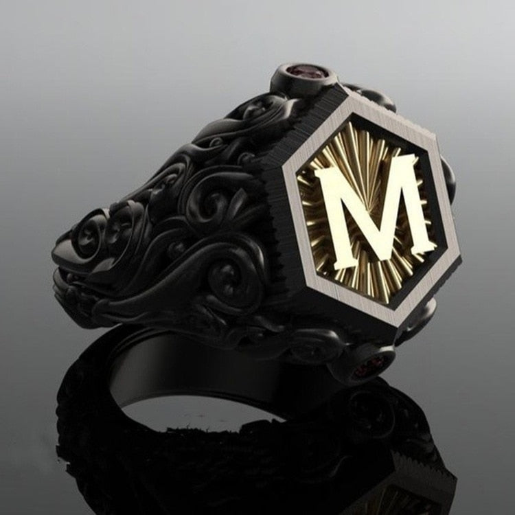 Maytrends Fashion Statement Vintage Black Men Rings Gold Color Carving M Letter Signet Steampunk Rings for Men Gift Party Luxury Jewelry