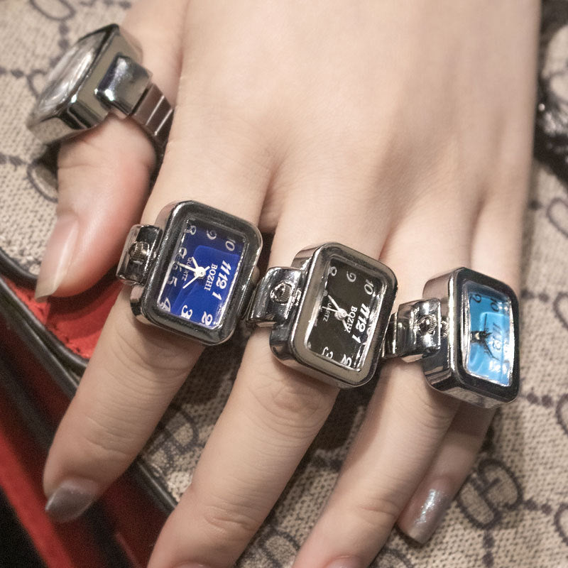 Maytrends Vintage Punk Finger Watch Mini Elastic Strap Alloy Watches Couple Rings Jewelry Clock Retro Roman Quartz Watch Rings Women Men