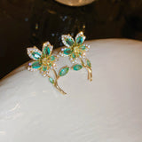 Korean Fashion Fresh Green Zirconia Flower Drop Earrings For Women Girls Luxury Branch Oorbellen Jewelry Gifts