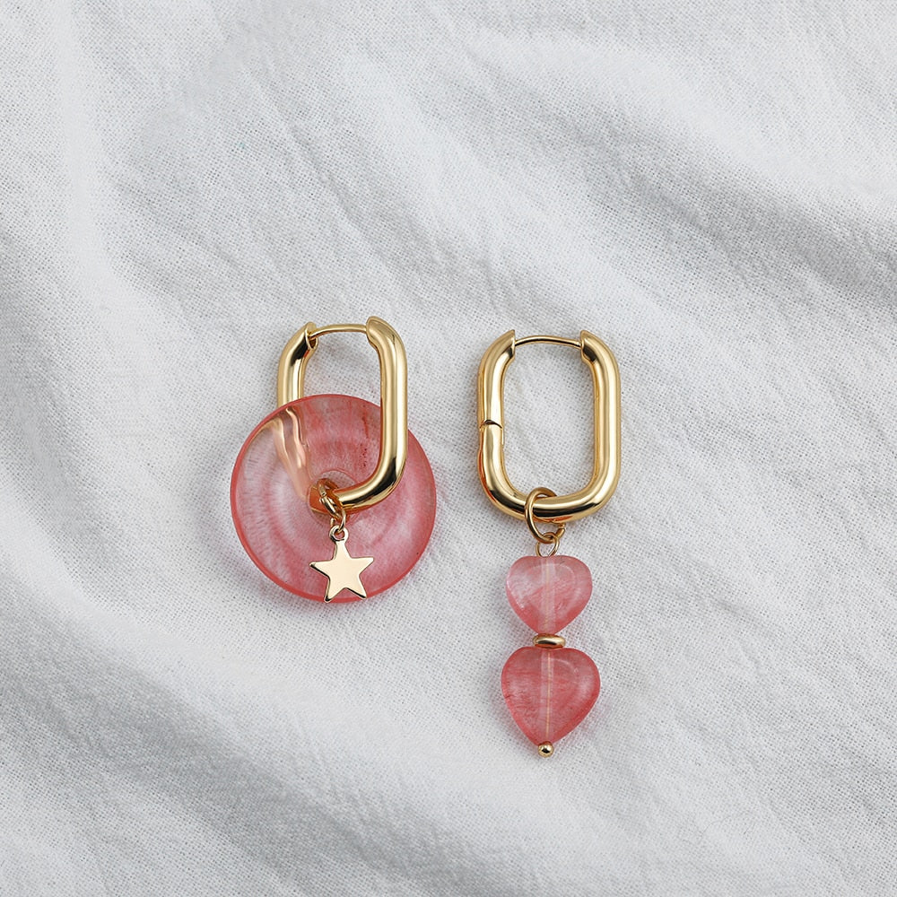 Maytrends New Trendy Handmade Natural Stone Pendant Geometric Hoop Earrings Vintage Round Donut Asymmetric Earring Boho Jewelry Bijoux