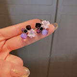 Purple Crystal Flower Stud Earrings For Woman Korean Fashion Jewelry Wedding Party Girl Elegance Set Accessories