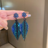 Maytrends Exaggerated Blue Rhinestone Crystal Geometric Flower Long Tassel Earrings for Women Cool Drop Dangling Earring Party Jewelry