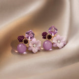 Purple Crystal Flower Stud Earrings For Woman Korean Fashion Jewelry Wedding Party Girl Elegance Set Accessories