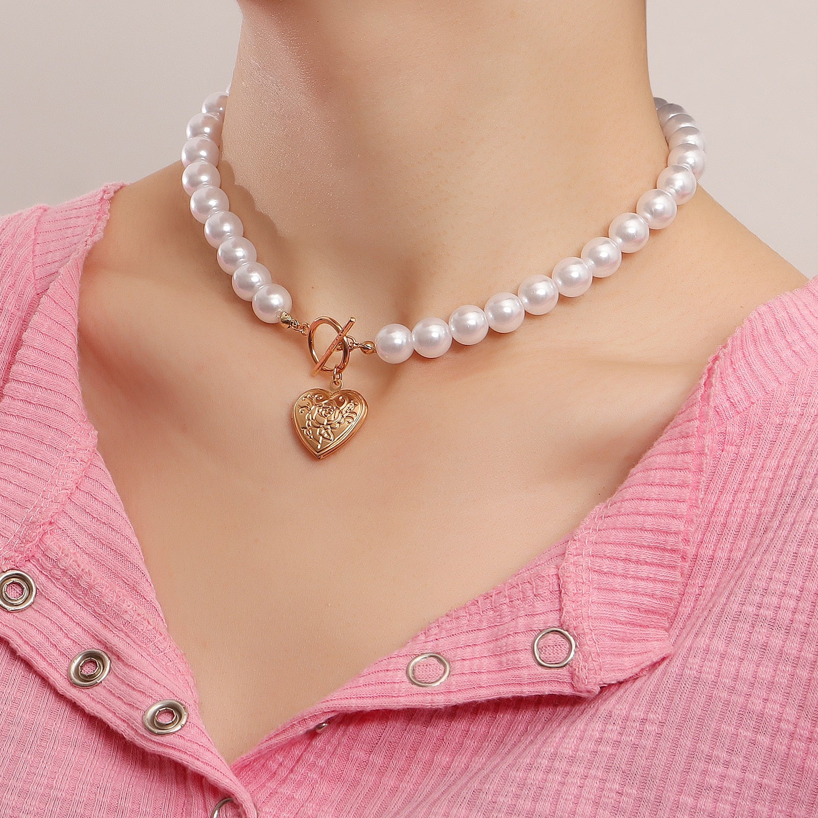 Maytrends Simple Imitation Pearls Chain Choker For Women Vinatge Gold Color Rose Heart Pendant Necklace Women Collar Jewelry Drop Shipping